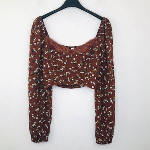 BP Women's Medium Crop Top Brown Kasey Ditsy Lace Trim Long Sleeve Floral CH25